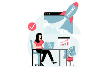 Poster - branding team concept with people scene in flat design. woman analyzing data, creating strategy and 