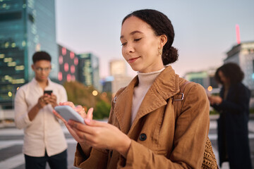 Aufkleber - Phone, black woman and city with people using phone technology and 5g web on the street. Young gen z person texting, internet networking and doing a social media app scroll online typing outdoor