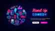 Stand up Comedy neon flyer. Website landing page template. Glowing circle layout with icons. Vector illustration