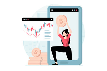 Poster - Cryptocurrency marketplace concept with people scene in flat design. Woman analyzing data on exchange, buys or sells bitcoins using mobile app. Illustration with character situation for web