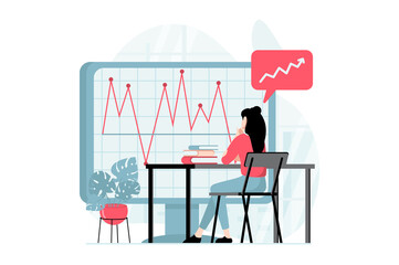 Poster - Data analysis concept with people scene in flat design. Woman works with chart, studies market trends, making company audit and financial report. Illustration with character situation for web