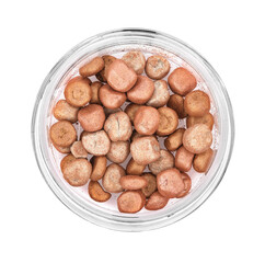 Wall Mural - Mixed bronzing face powder balls in glass box, bronzing pearls jar isolated on white background