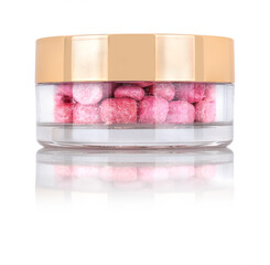 Wall Mural - Pink face glow pearls blush powder balls in glass box with golden lid, bronzing pearls jar isolated on white background