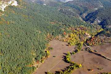 Poster - Aerial view of the Valderejo Natural Park (Alava, Basque Country) and the town of Ribera