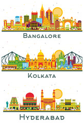 Wall Mural - Kolkata, Hyderabad and Bangalore India City Skyline Set.