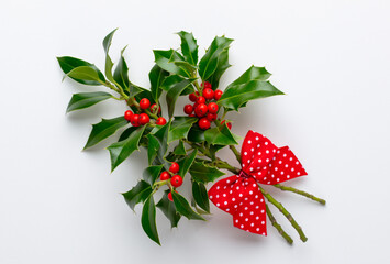 Wall Mural - Christmas Holly Leaves and Berries on White background.