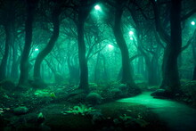 Magical Forest Path With Glowing Fireflies . Night Magical Fantasy Forest. Forest Landscape