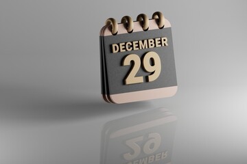 Aufkleber - Standing black and golden month lined desk calendar with date December 29. Modern design with golden elements, 3d rendering illustration. White ceramic reflection background...