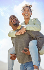 Sticker - Piggyback, laugh and and love with a black couple having fun together outdoor during a summer day. Dating, romance and carefree with a man carrying a woman on his back outside on holiday or vacation