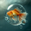 Gold fish floating trapped in a soap bubble. 3d illustration 
