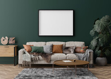 Empty Picture Frame On Green Wall In Modern Living Room. Mock Up Interior In Contemporary Style.