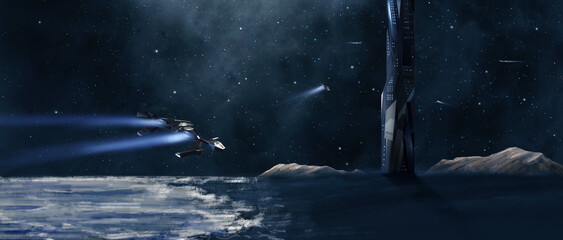 Wall Mural - Spaceship fly to sci-fi, futuristic building on sea shore with mountain and night sky full of stars. Digital painting fantasy landscape background, 3D rendering
