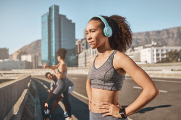 Sticker - Music, fitness and black woman in city for running, exercise and sports, training and with friends outdoor. Podcast, runner and girl relax at workout on highway, listen to wellness, audio and mindset