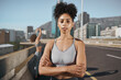 © N F/peopleimages.com - Fitness, proud and city black woman in portrait sweating for training challenge, workout goals and wellness motivation. Hard work, confidence and sports or runner woman exercise in urban street