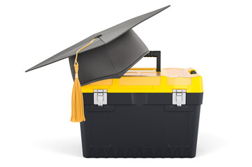 Toolbox with graduation hat. Construction workshop concept, 3D rendering