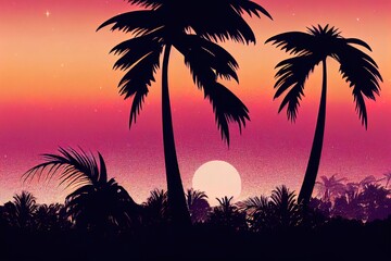 Wall Mural - Night landscape with palm trees, against the backdrop of a neon sunset, stars. Silhouette coconut palm trees on beach at sunset. Vintage tone. Space futuristic landscape. Neon palm tree