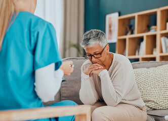 Poster - Talking, healthcare and nurse with sad old woman in home, sitting on sofa and upset after cancer news. Medical care, sickness and senior female with doctor depressed, anxious and worried about health