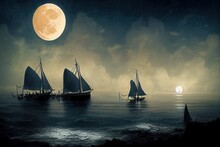 Spectacular Digital Art Illustration Of A Nighttime Scene With A Medieval Fantasy Sailboat, Schooner Sailing Along The Coast With Docks And Lighthouses, And A Bright Moon In The Sky.