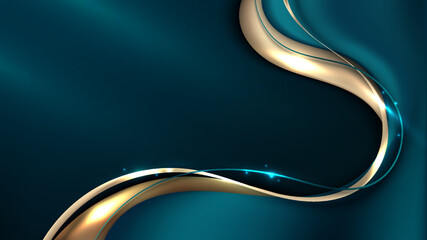 Wall Mural - abstract 3d luxury blue emerald and gold color liquid gradient shapes with shiny golden ribbon wave 
