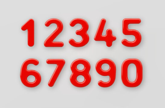 3D Red plastic number 1,2,3,4,5,6,7,8,9 and null with a glossy surface on a gray background .