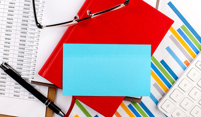 Poster - Work papers with charts and notebook, Sticky notes , copy space