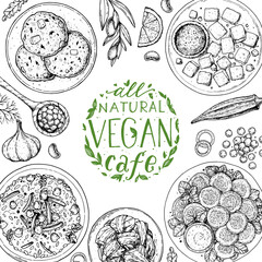 Wall Mural - Vegan food frame. Hand drawn vector illustration. Menu design template. Vegan food sketch. Vintage design template. Product design. Great for packaging, recipe book, menu. Vegetarian food sketch.