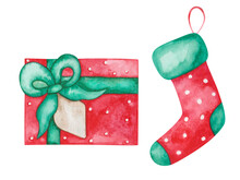Watercolor Illustration Of Hand Painted Green, Red And White Hanging Sock And Present Box With Bow And Beige Paper Card. Stocking For Gifts. Isolated Clip Art For New Year Prints, Christmas Postcards