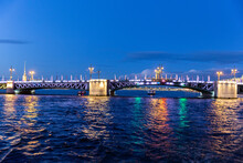 Troitskiy (Trinity) Bridge Over The Neva River With Night Illumination. Saint-Petersburg. Russia