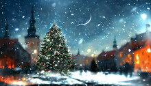 Christmas Tree On Evening Medieval Town Big Moon On Blue Sky And Snow Flakes Holiday City 