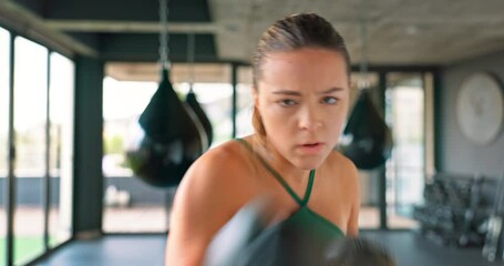 Canvas Print - Boxing pov, fitness and sport with woman, workout and boxing gloves for mma fight, fitness and empower in gym. Fit boxer female and champion attitude for self defense, training and power exercise