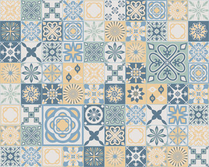 Naklejka na meble Pastel pattern in Spanish Azulejo style, white blue yellow ceramic tile square for design, vintage vector illustration
