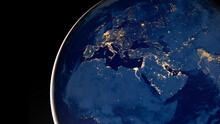 Earth Photo At Night, City Lights Of Europe, Middle East, Turkey, Italy, Black Sea, Mediterrenian Sea From Space, World Map Globe. Satellite HD Photo. Elements Of This Image Furnished By NASA.