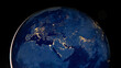 Planet earth photo at night on black background, City Lights of Africa, Europe, and the Middle East from space, World map at night, HD satellite image. Elements of this image furnished by NASA.
