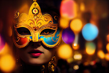 Concept Art Illustration Of A Mysterious Woman Wearing A Golden Mask During Venetian Carnival. Person In Disguise In A Masquerade Ball. Cinematic Artwork Of A Traditional Festival Of Venice.