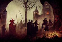 Concept Art Of Salem Witch Trials In Colonial Massachusetts. Persecutions And Burning At Stake Of Devil Worshipers And Witches. Historic Medieval Artwork Of Witch Purge And Martyrdom By Burning.