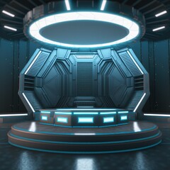 Poster - Technology Background. Power podium empty stage. Power podium empty stage. Sci-fi idea concept. Circle portals, teleport, future gadget. 3D illustration