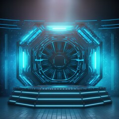 Poster - Technology Background. Power podium empty stage. Power podium empty stage. Sci-fi idea concept. Circle portals, teleport, future gadget. 3D illustration