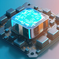 Poster - Quantum computer or CPU processor, large data processing, database concept. CPU isometric banner. 3D illustration