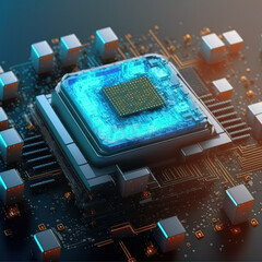 Poster - Quantum computer or CPU processor, large data processing, database concept. CPU isometric banner. 3D illustration
