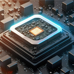 Poster - Quantum computer or CPU processor, large data processing, database concept. CPU isometric banner. 3D illustration