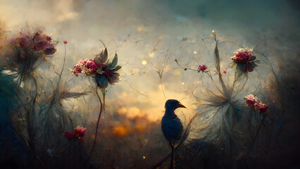 Wall Mural - Delicate oil painting with a bird landing on the flowers. Pastel tones. Blurred background. 	