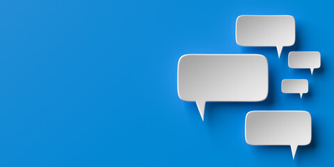 Social media notification icons, white speech bubbles on blue background copy space. 3D rendering