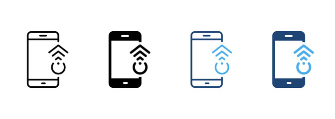 Poster - Action on Mobile Phone Display Line and Silhouette Color Icon Set. Swipe on Smartphone Pictogram. Scroll Up in Electronic Device Symbol Collection on White Background. Isolated Vector Illustration