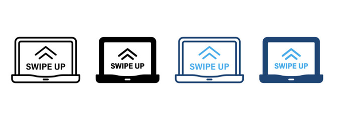 Poster - Swipe Up in Laptop Line and Silhouette Color Icon Set. Gesture Up on Computer Touch Screen Pictogram. Move, Drag Action on Device Symbol Collection on White Background. Isolated Vector Illustration