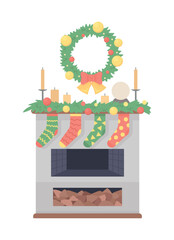 Poster - Decorating fireplace for cozy christmas night semi flat color vector object. Editable element. Full sized item on white. Festive simple cartoon style illustration for web graphic design and animation
