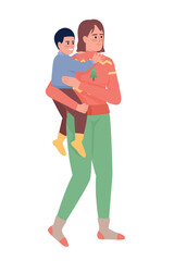 Wall Mural - Mother holds her son semi flat color vector character. Editable figure. Full body people on white. Christmastime wear simple cartoon style illustration for web graphic design and animation