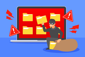 Fototapete - Hacker stealing document folder icon from laptop screen. System warning alert to cyber threat or cybercrime concept. Data breach or file hacking. Flat cartoon vector icon. Technology illustration.