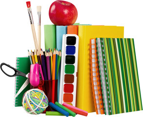 School supplies with an apple on top - isolated image