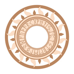  Runic circle, an ancient Slavic symbol, decorated with Scandinavian patterns. Beige fashion design