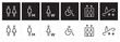 male and female toilet symbols. disabled icon. gender icon. restroom pictogram. Elevator and Escalator public signage. WC signage